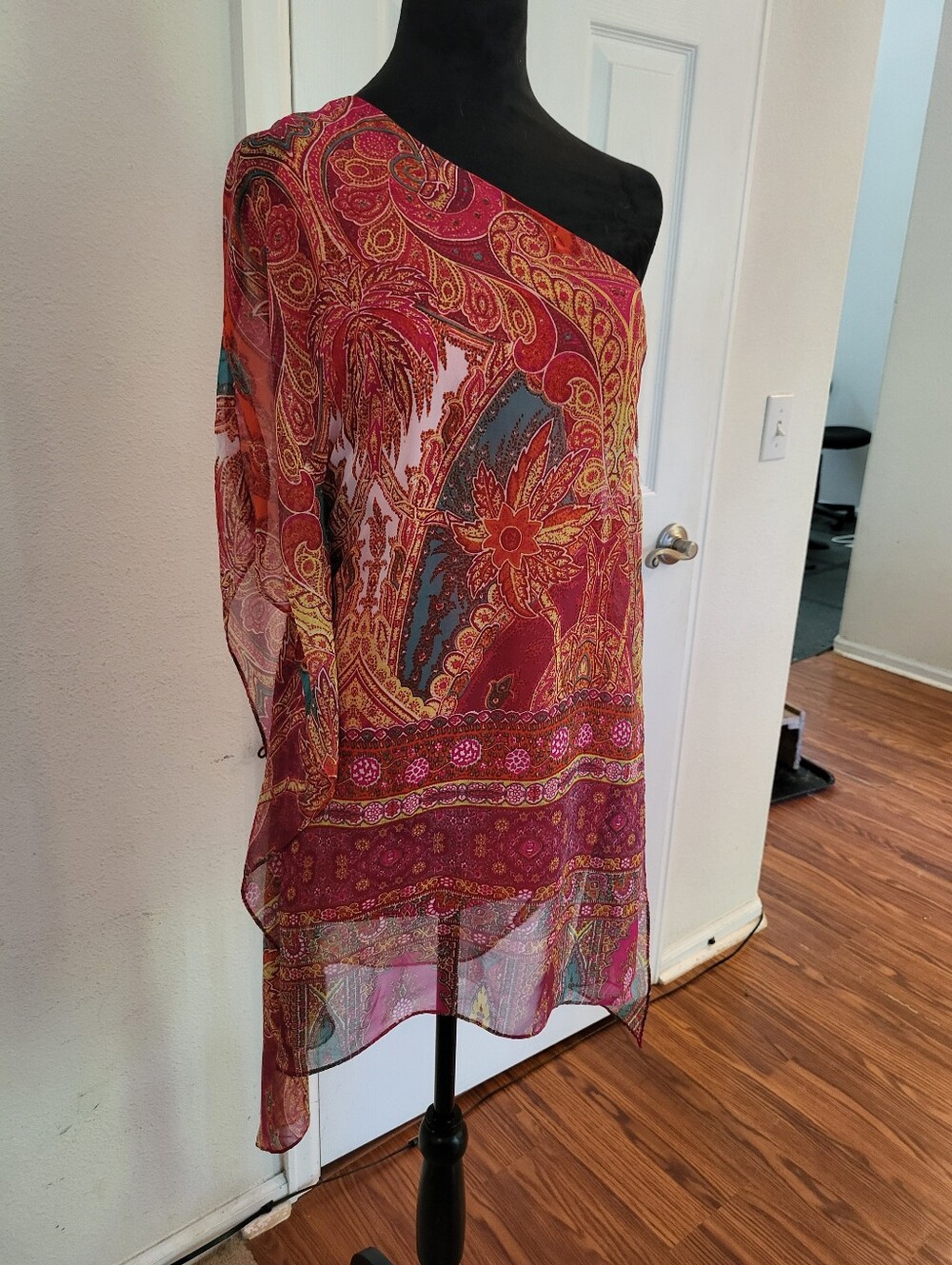 Rubber Ducky Productions, Inc. One-Shoulder Paisley Dress in Red and Gold - Picture 2 of 5